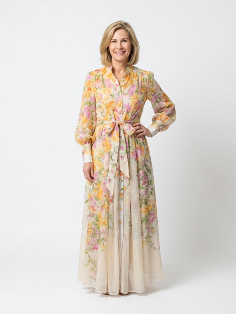 Woman wearing the Felicity yellow floral long sleeve maxi dress with button front detail, full length front view