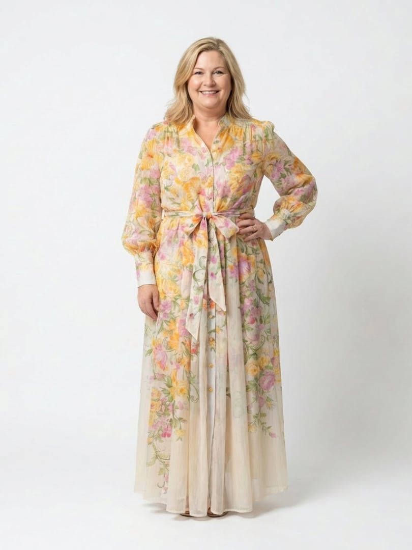 Back view of the Felicity yellow floral long sleeve maxi dress showing elegant drape