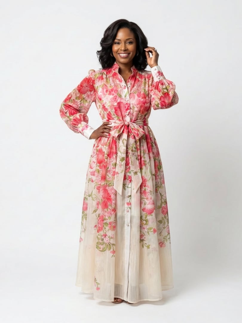 Woman wearing the Felicity red floral long sleeve maxi dress, full length front view