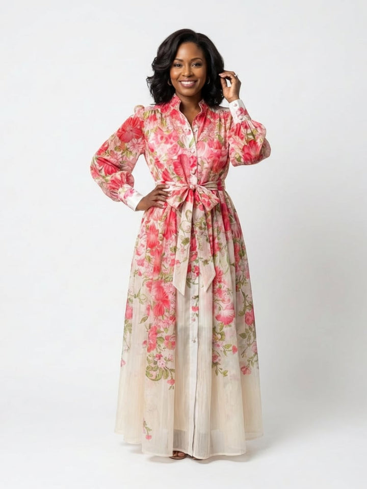 Woman wearing the Felicity red floral long sleeve maxi dress, full length front view