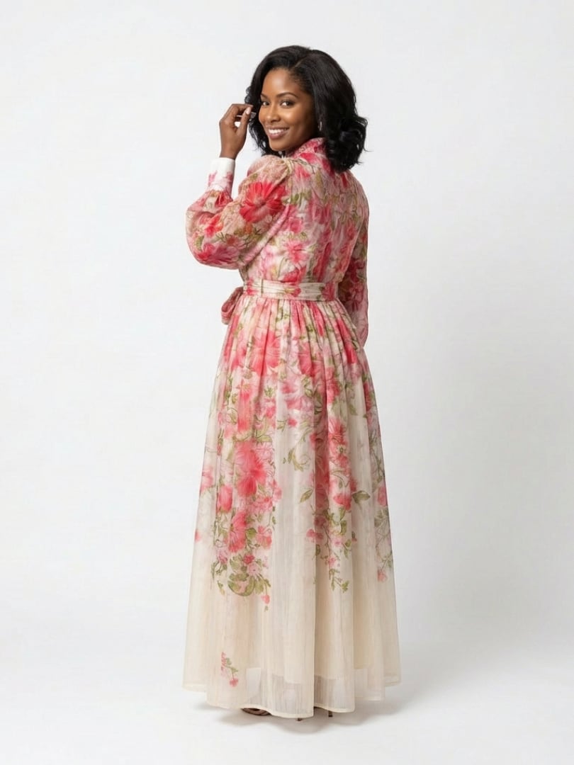 Close-up of the button front neckline detail on the Felicity red floral maxi dress