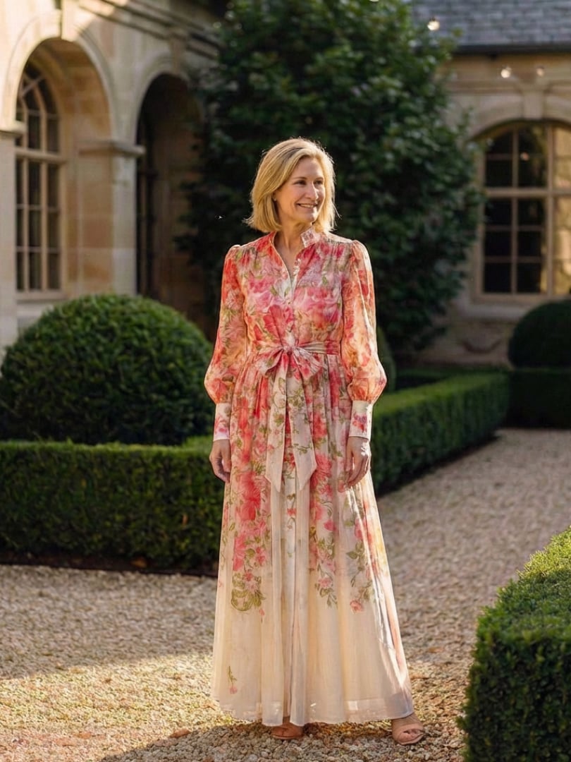 Side view of the Felicity red floral maxi dress highlighting the floor-length silhouette
