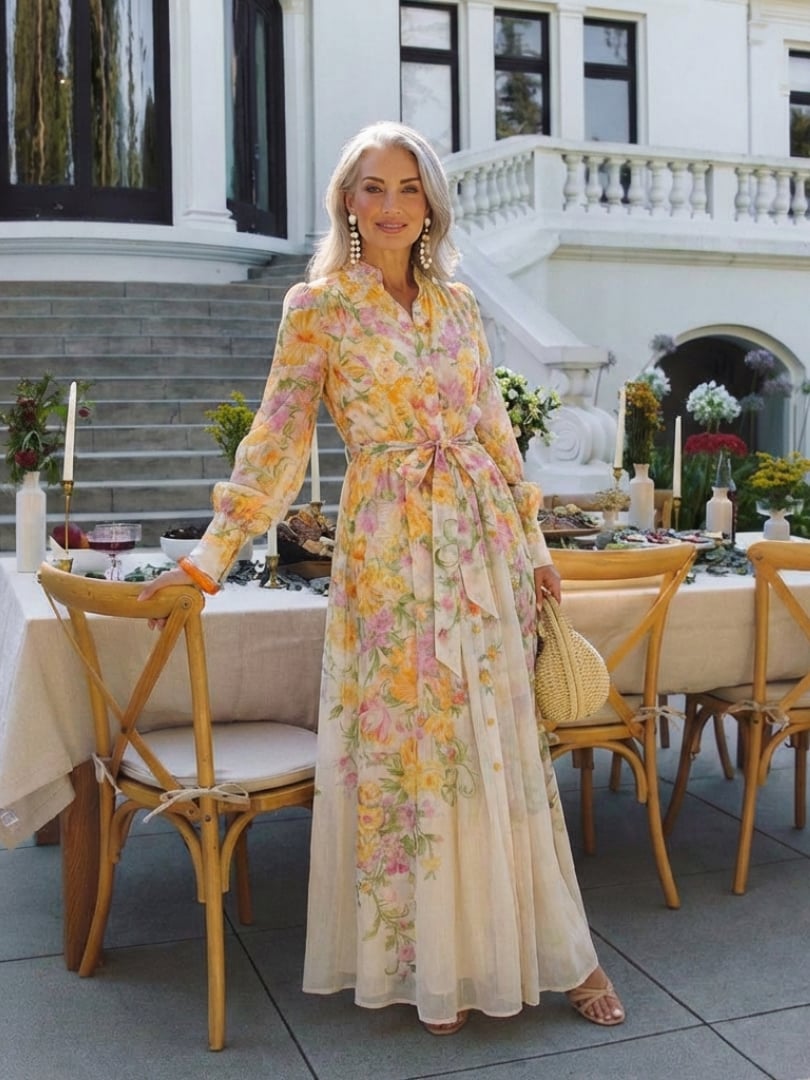 Back view of the Felicity red floral long sleeve maxi dress showing graceful fabric flow