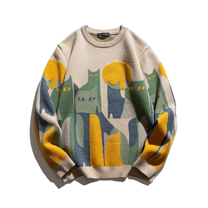Animated front view of the Moonlit Cat Sweater featuring a whimsical cat-under-the-moonlight graphic in beige