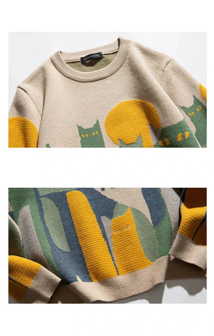 Side view of the Moonlit Cat Sweater on a model, showcasing the relaxed cozy fit and drop shoulders
