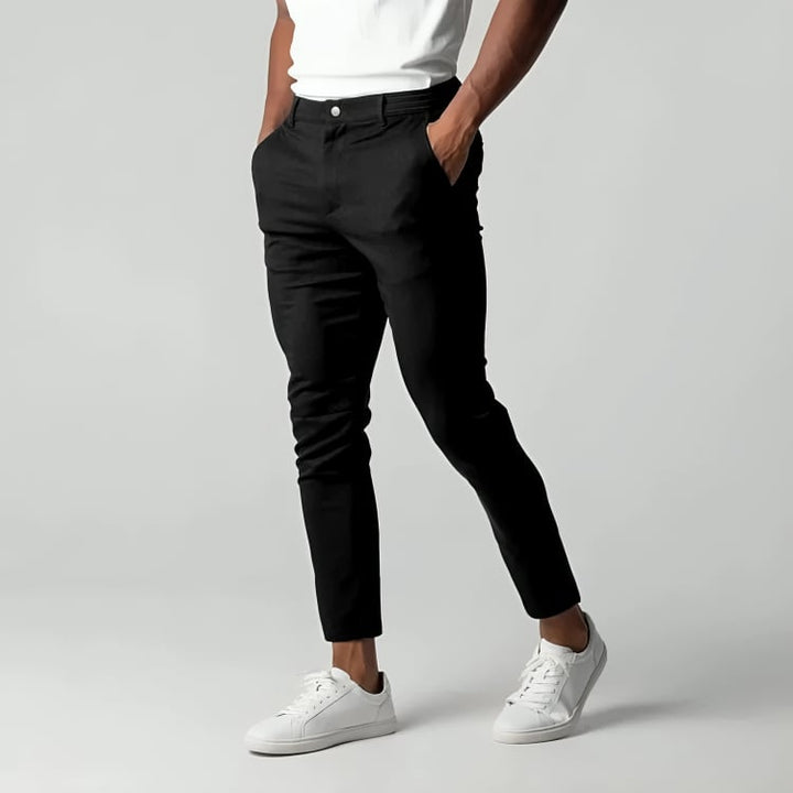 Front view of women's stretchy chino pants in a slim tailored fit