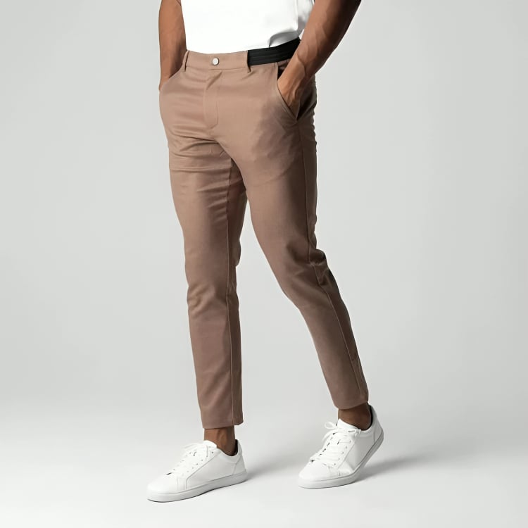 Detail shot of waistband and fit on women's stretchy chino pants