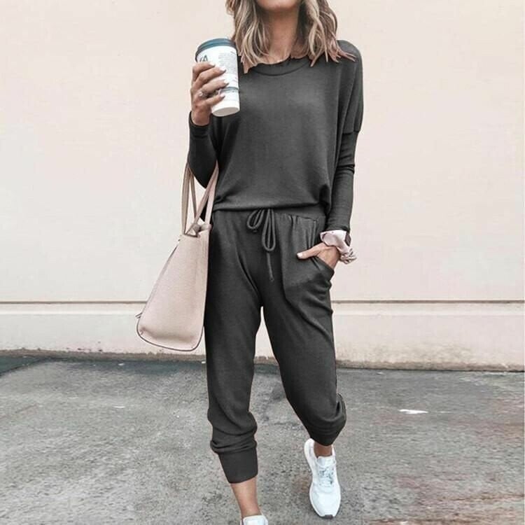 Front view of the two-piece coordinated set styled for a casual daytime look