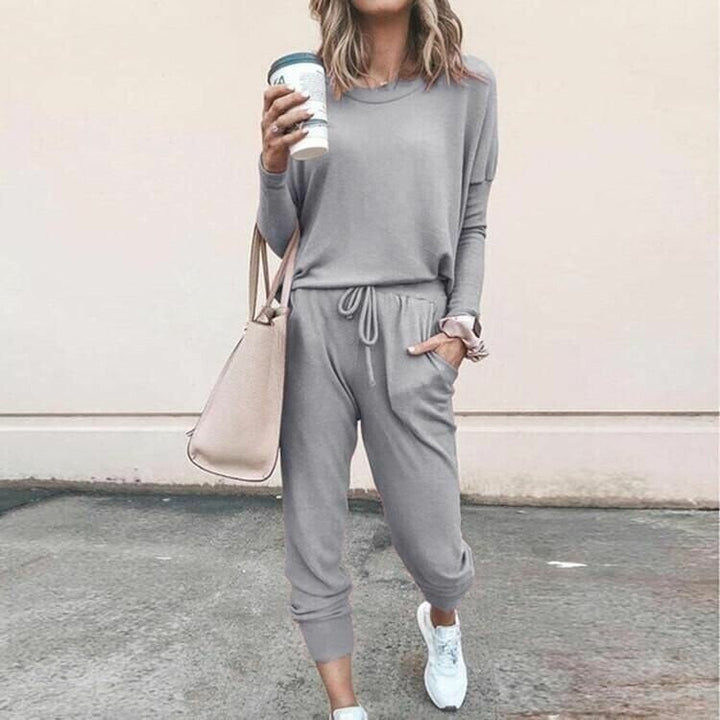 Side profile of model in the coordinated set highlighting the flattering fit and relaxed silhouette
