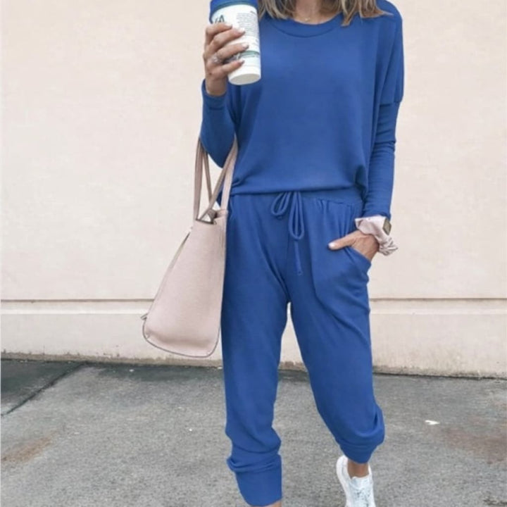Back view of the coordinated two-piece set showing clean lines and comfortable cut