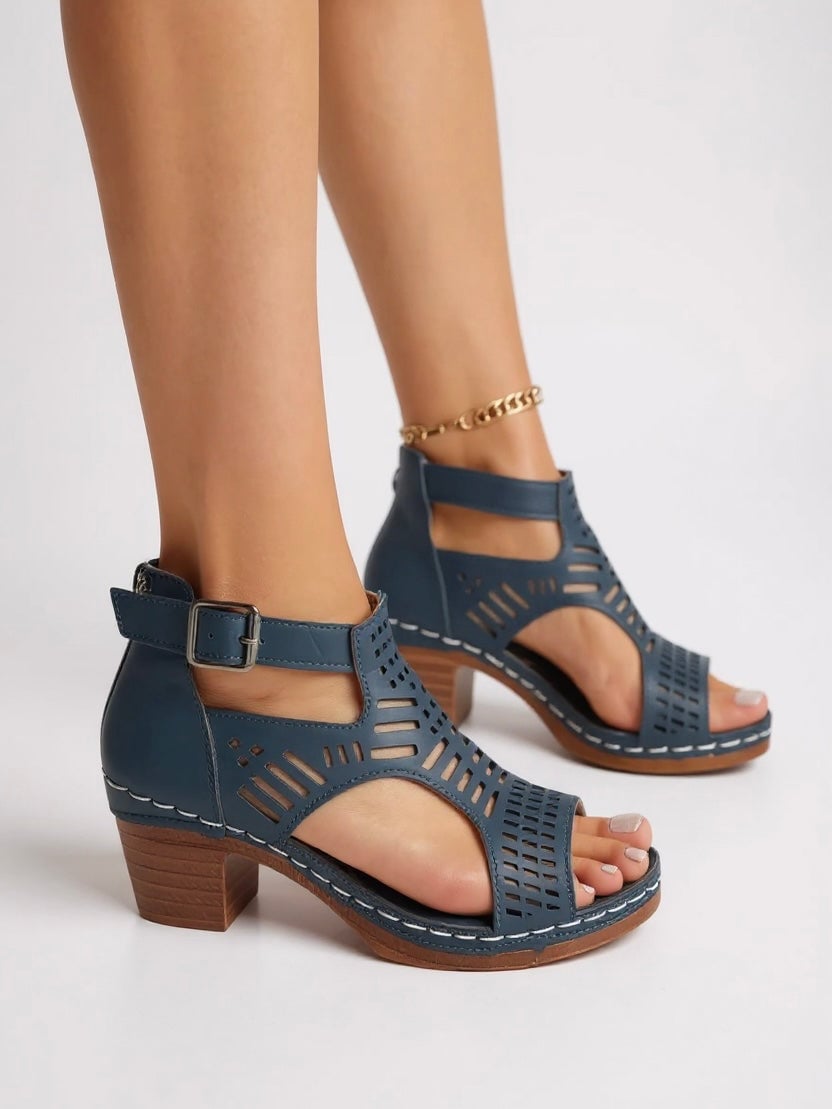 Fern cutout block heel sandals in all four colors — black, beige, navy blue, and burgundy