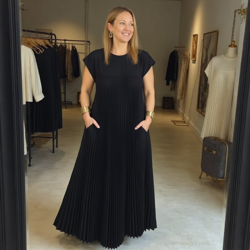 Woman wearing the Fern maxi dress in black styled with heels for an evening look