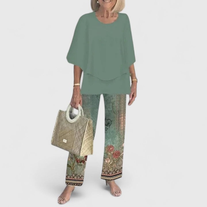 Back view of the Fern two-piece set in light green showing relaxed wide-leg silhouette