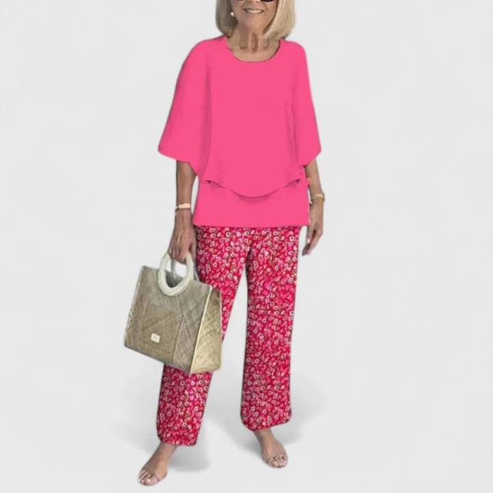Front view of the Fern co-ord set in apricot, full-length on model