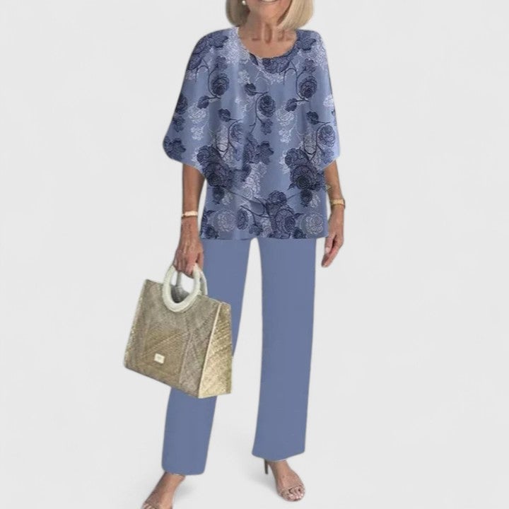 Side view of the Fern two-piece set in apricot highlighting the wide-leg pant silhouette