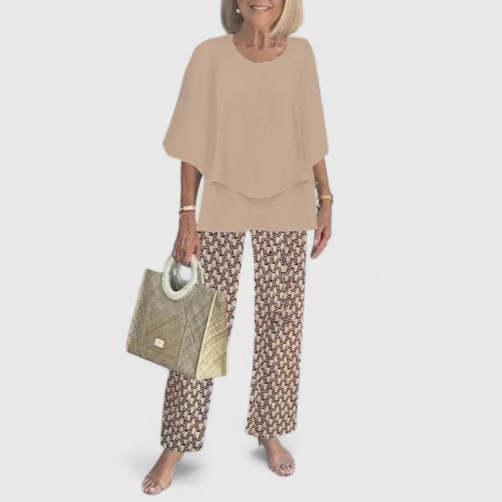 Flat lay of the Fern top and wide-leg pants set showing all available color options