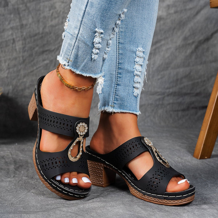 Finley orthopedic rhinestone flat sandals in blue on white background