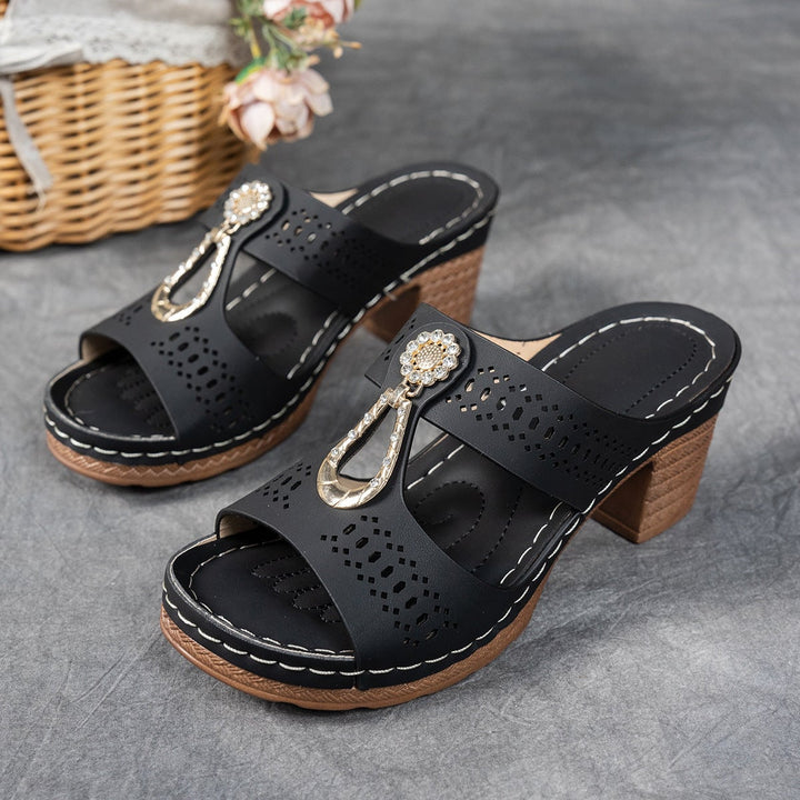 Top-down view of Finley blue flat sandals showing full rhinestone pattern