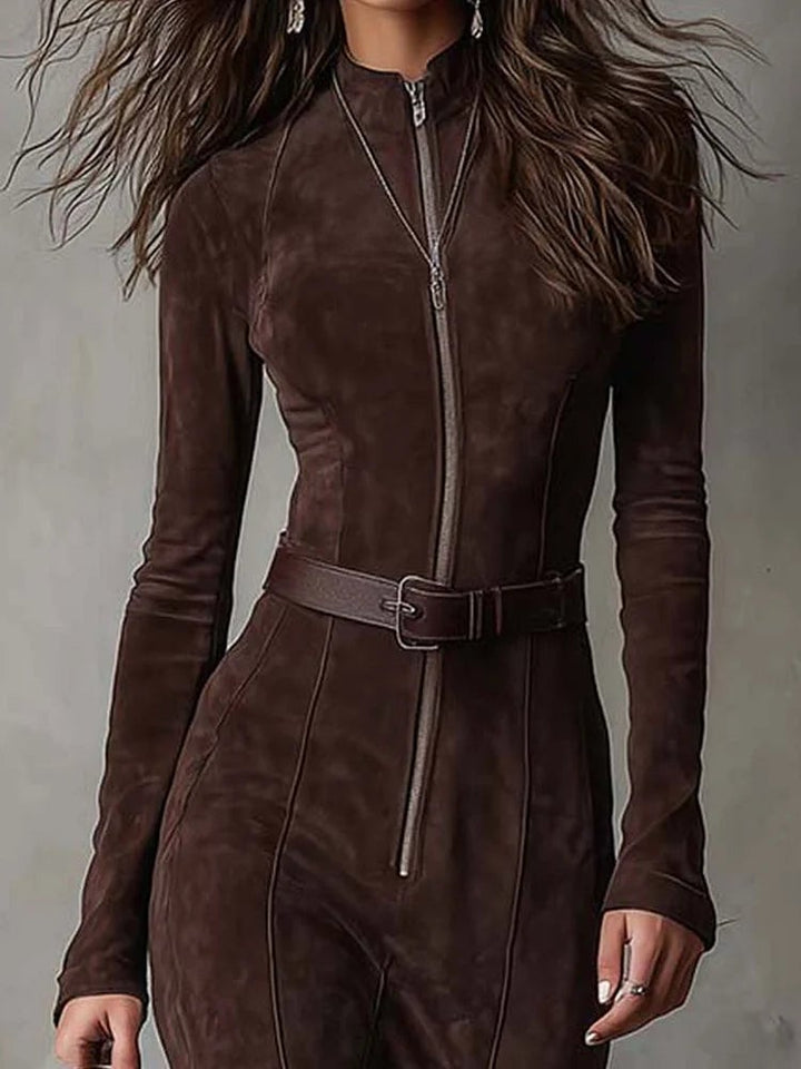 Front view of a brown suede-effect belted maxi dress showing the elongated silhouette and structured fit