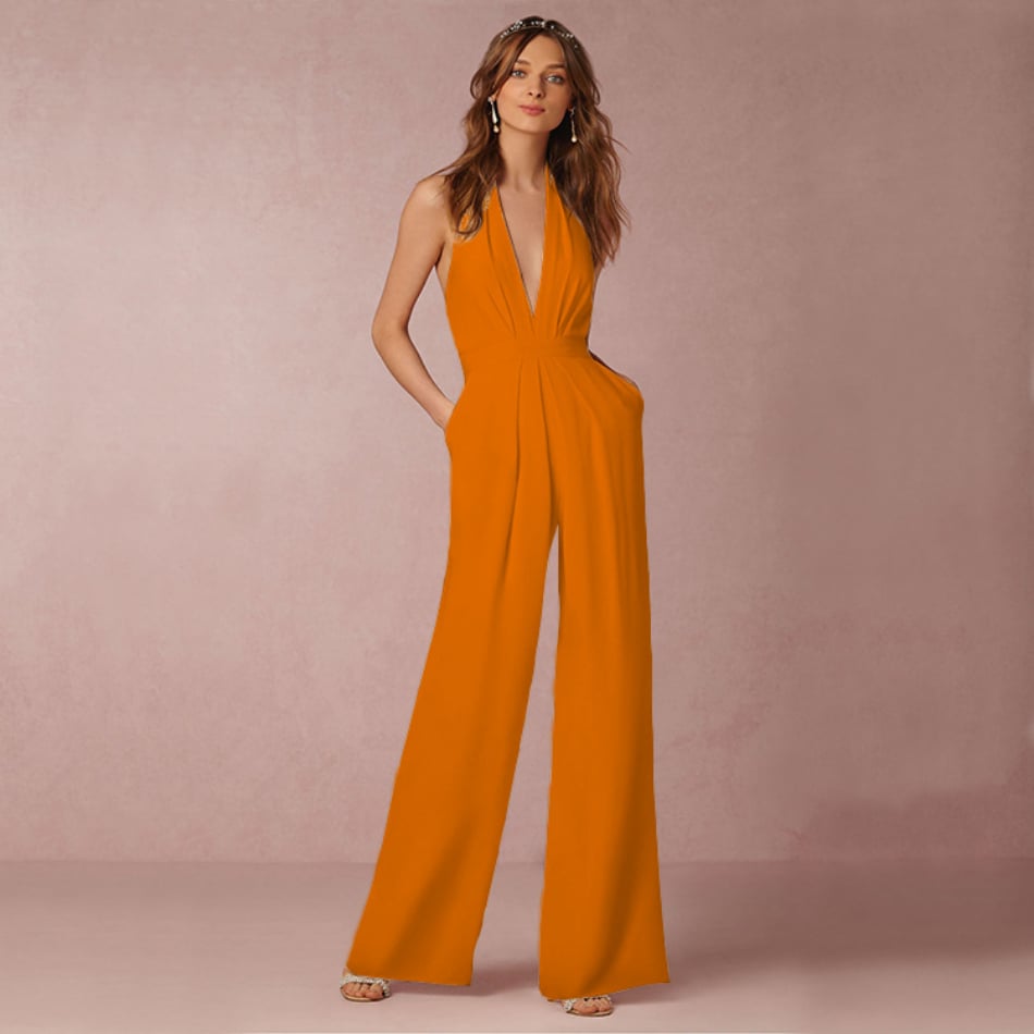 Fiona halter jumpsuit in blue, full-length front view on model