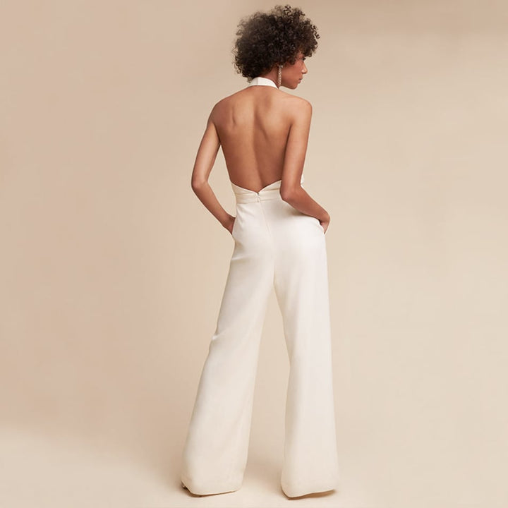 Flat lay of the Fiona halter wide-leg jumpsuit showing color options and overall silhouette