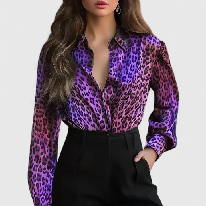 Women's leopard print long sleeve blouse in purple with classic collar detail