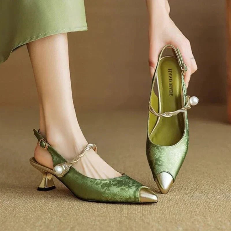 Fleur pearl strap slingback kitten heel pumps in green with floral jacquard upper and gold-tone metallic accents