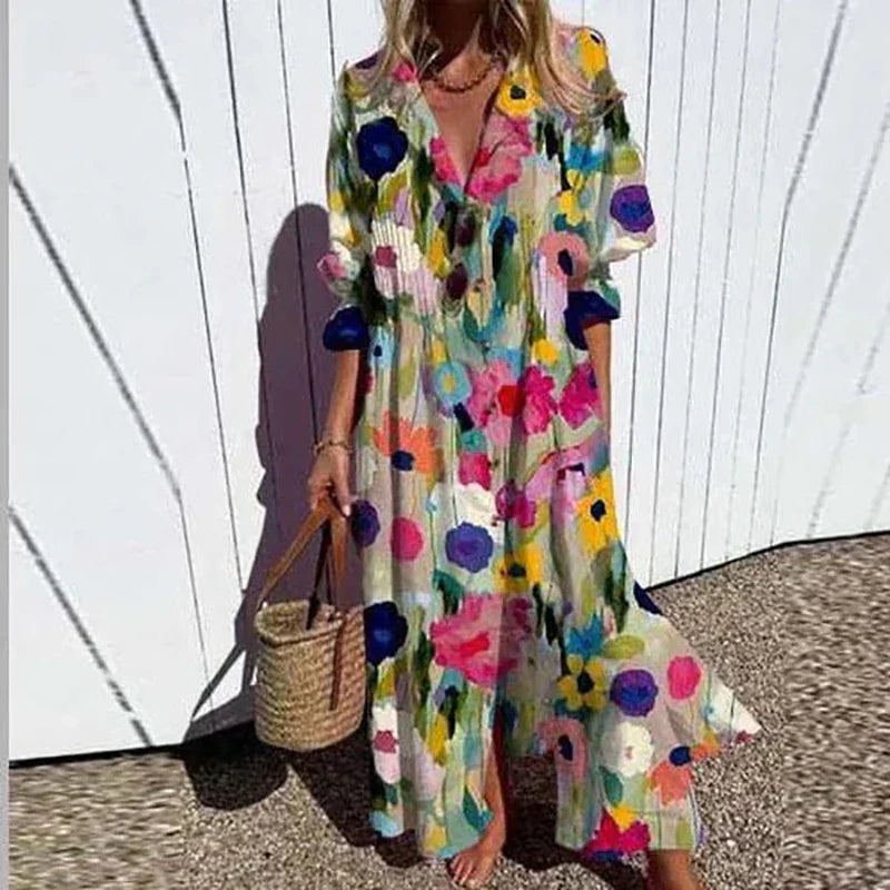 Woman wearing a flowy multi-floral boho dress with lace accents, standing outdoors in natural light