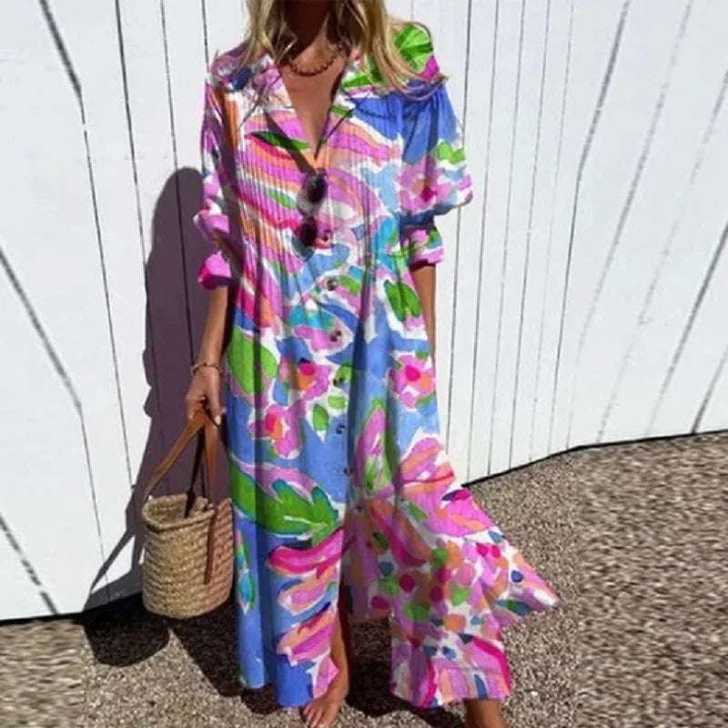 Front view of the Fleuria flowy dress in yellow, styled with sandals for a casual summer look
