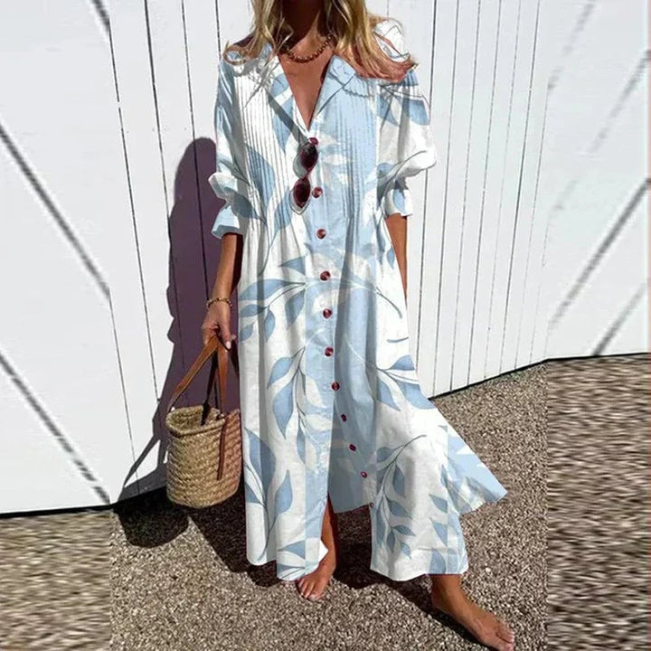 Florimay Fleuria dress in light blue displayed to show fabric movement and airy drape