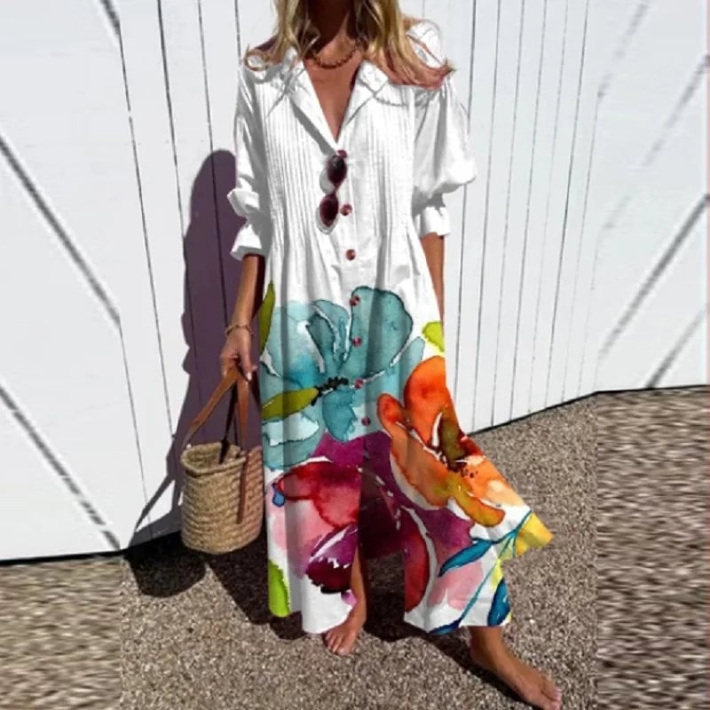 Lifestyle shot of a woman in the Fleuria multi-circles dress enjoying a sunny outdoor setting