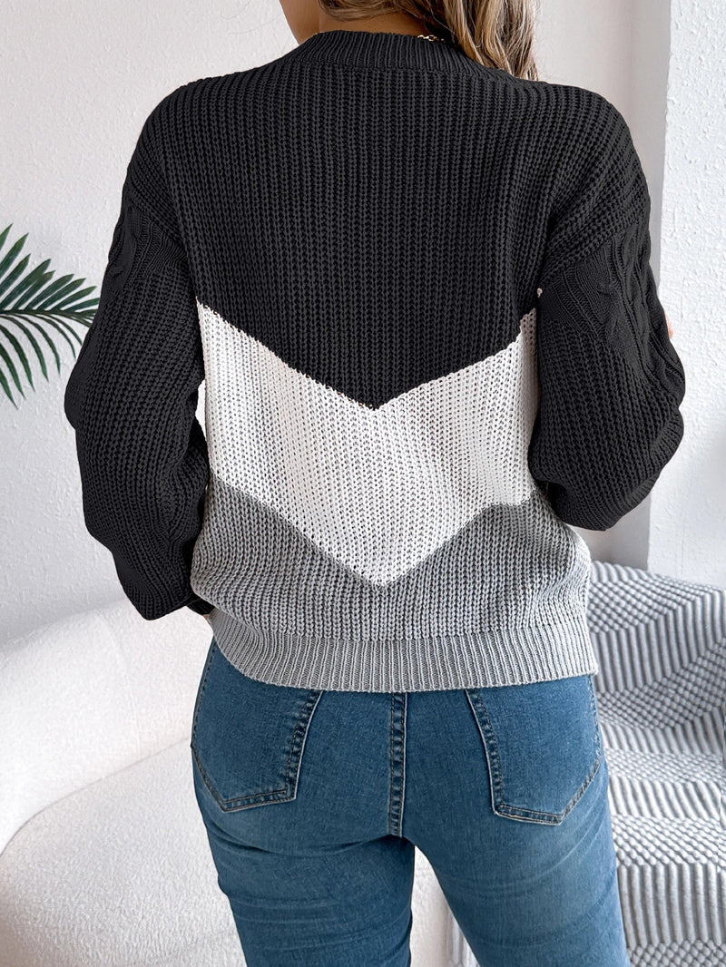 Front view of chevron stitch pullover sweater styled casually for a cold-weather outfit