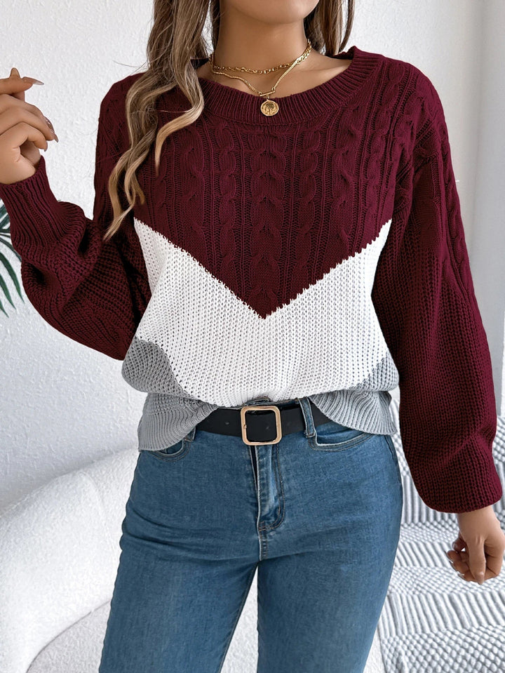 Burgundy chevron knit pullover sweater showing rich color and textured stitch detail