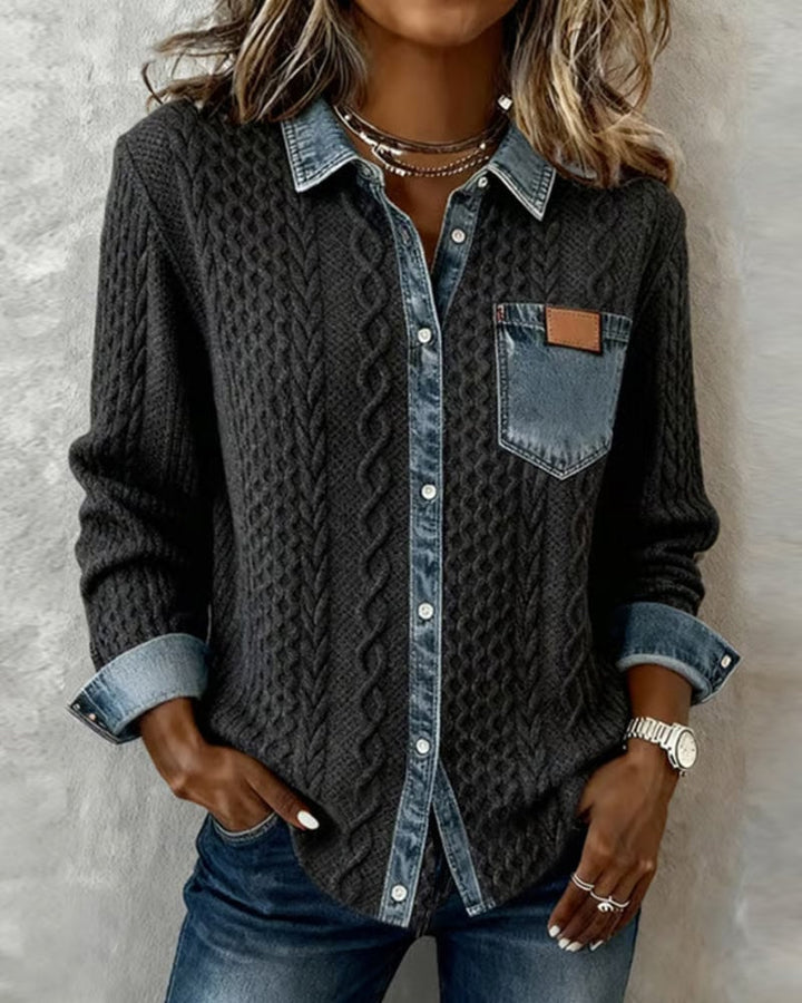 Woman wearing the Flora long-sleeve shirt in a relaxed, flattering fit showing the streamlined silhouette