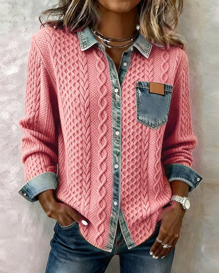 Close-up of the Flora long-sleeve shirt draping gently over the body, highlighting the smooth, polished fabric