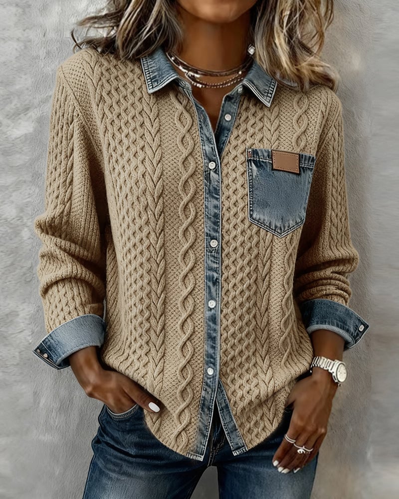 Front view of the Flora long-sleeve shirt styled with high-waisted pants for a polished everyday look