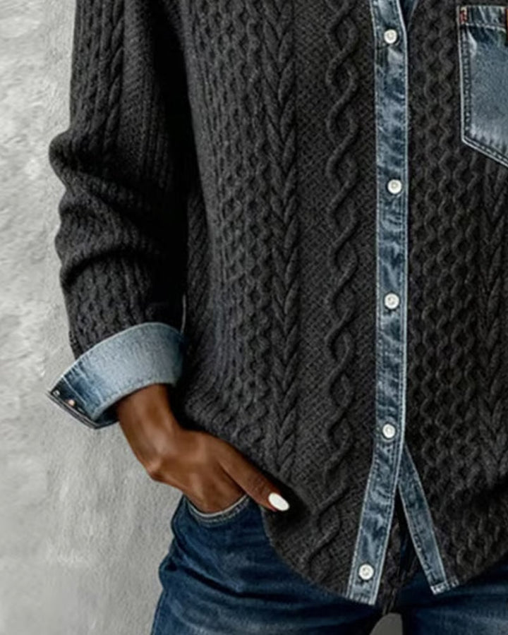 Flora long-sleeve shirt in dark gray, demonstrating the sleek cut and balanced silhouette