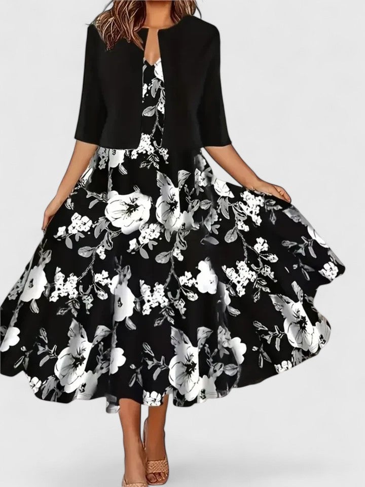 Flora floral midi dress in black-floral colorway, full-length front view