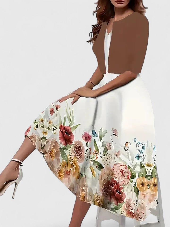 Flora floral midi dress in coffee colorway, front view with floral skirt detail