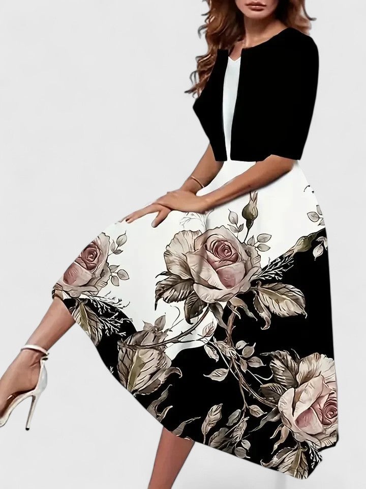 Flora floral midi dress flat lay showing all available color options: blue, black, black-floral, coffee, and green