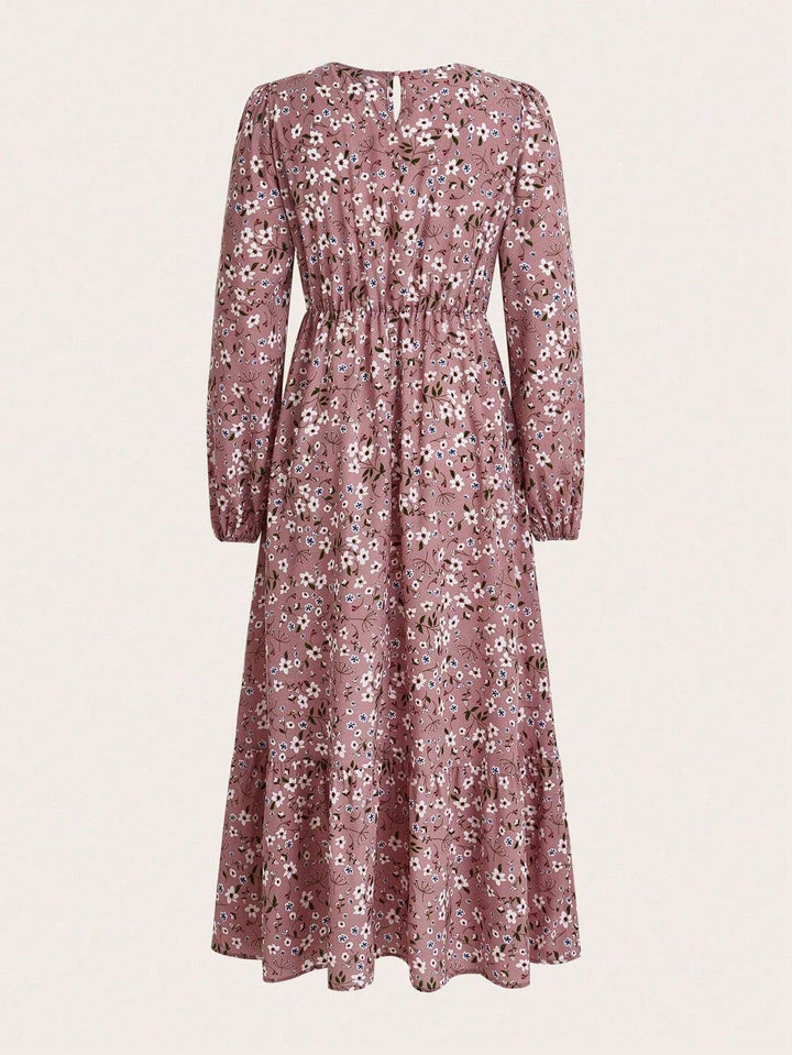 Flora maxi dress in red floral print, three-quarter angle view