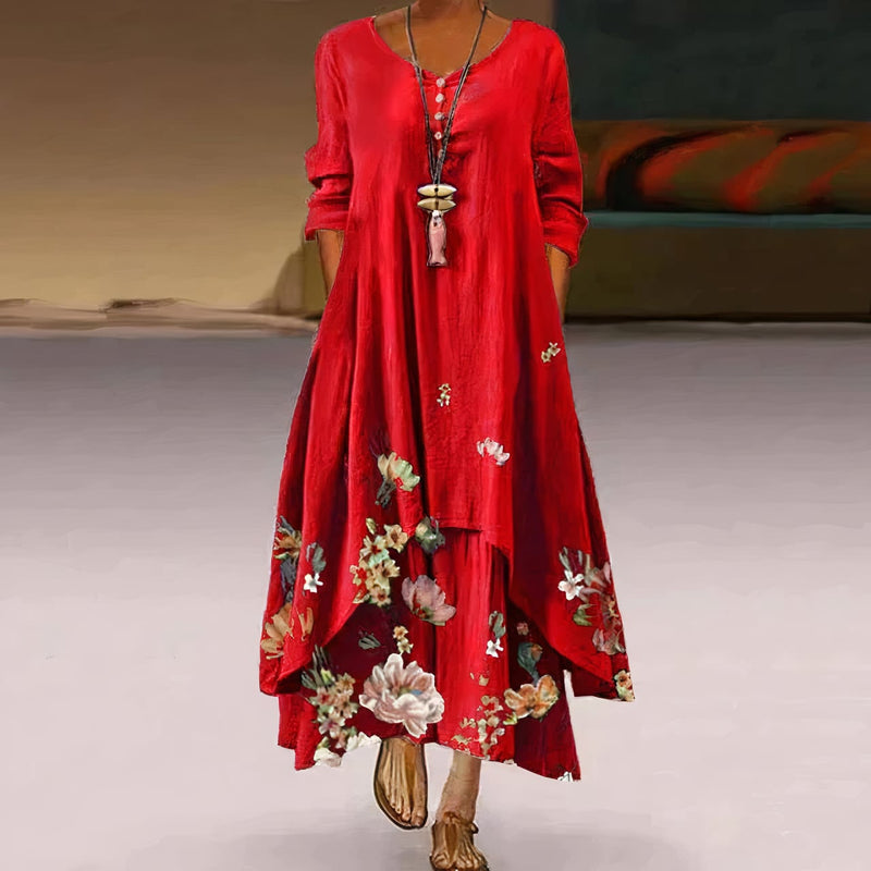 Woman in a lavender floral print long sleeve maxi dress, relaxed A-line silhouette, front view
