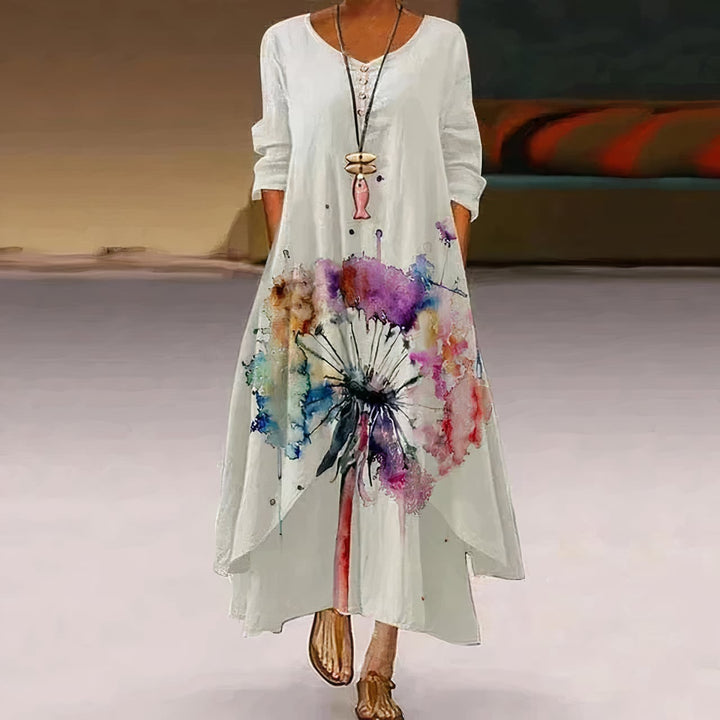 Side view of a blue floral long sleeve maxi dress showing relaxed loose fit and long sleeves