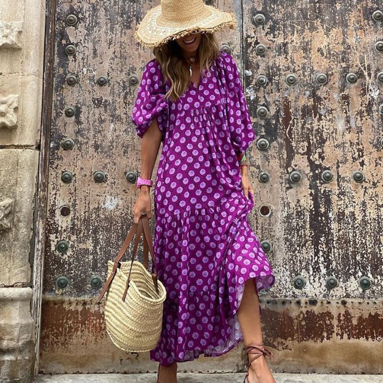 Front view of Flora boho maxi dress in red showing full ankle-grazing length and flowing silhouette