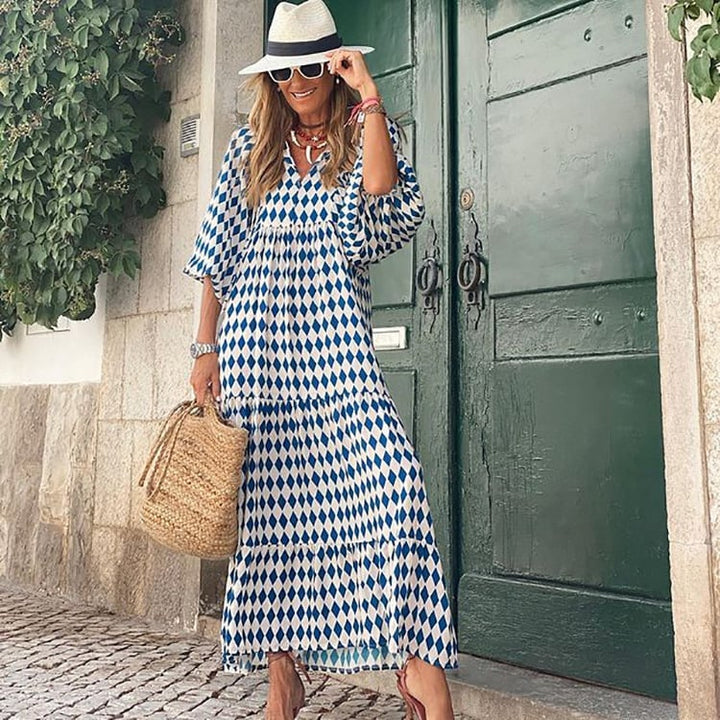 Flora boho maxi dress in green with all-over geometric woven-style print