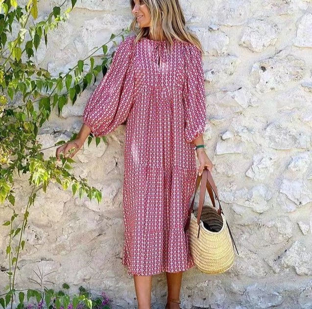 Front view of Flora boho maxi dress in green, full length on model