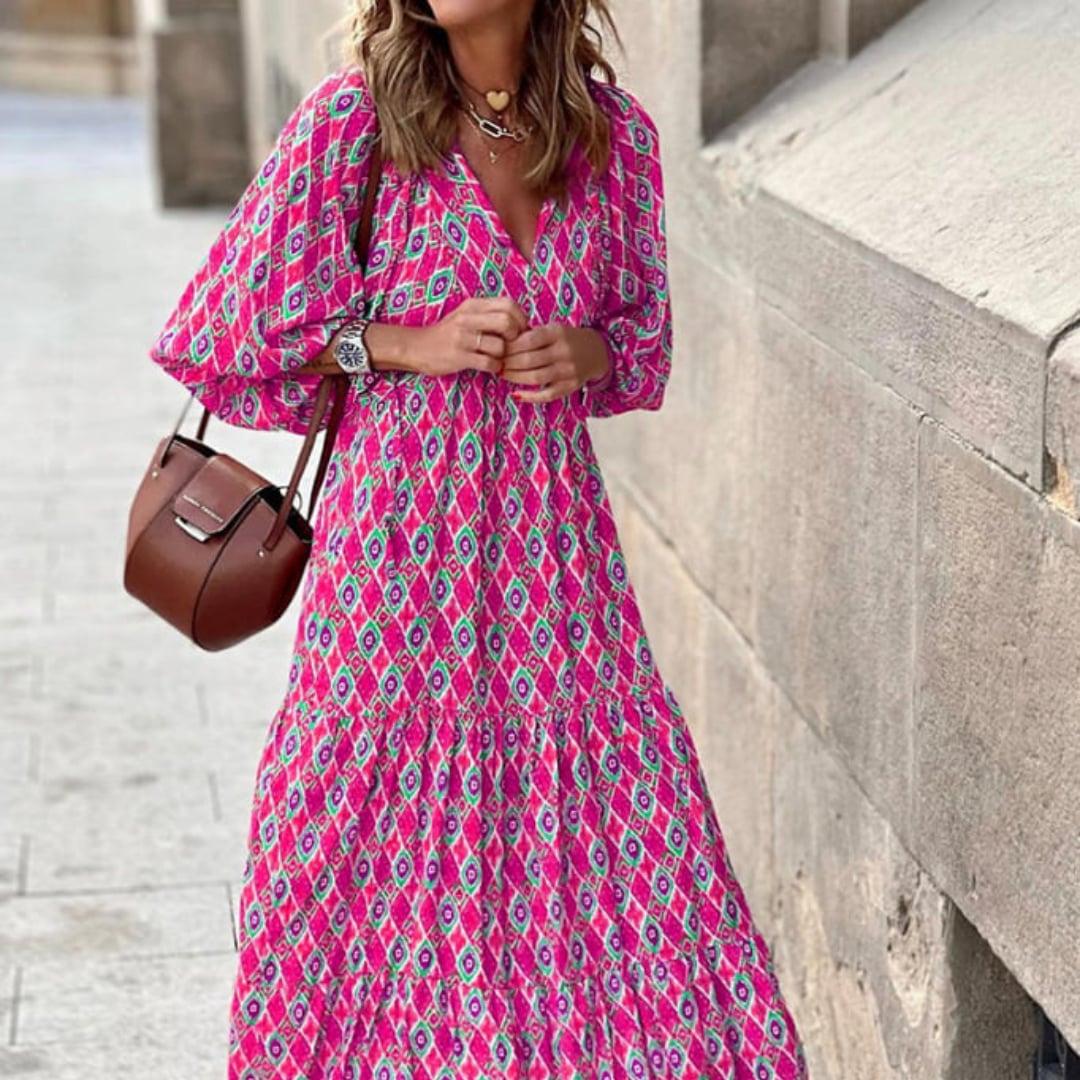 Front full-length shot of Flora boho maxi dress in purple blue on model