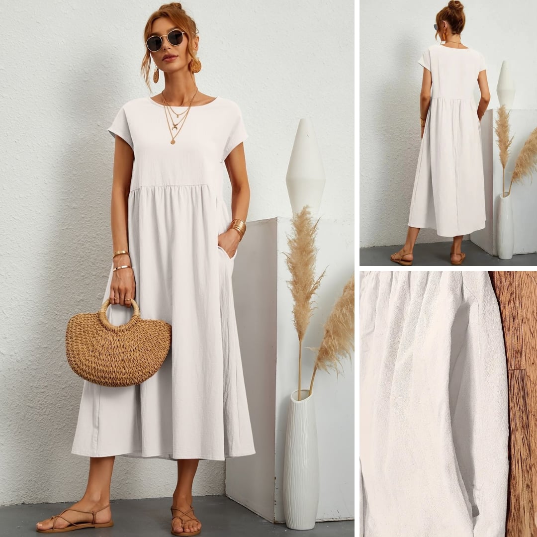 Full-length back view of the Florence elegant lightweight dress