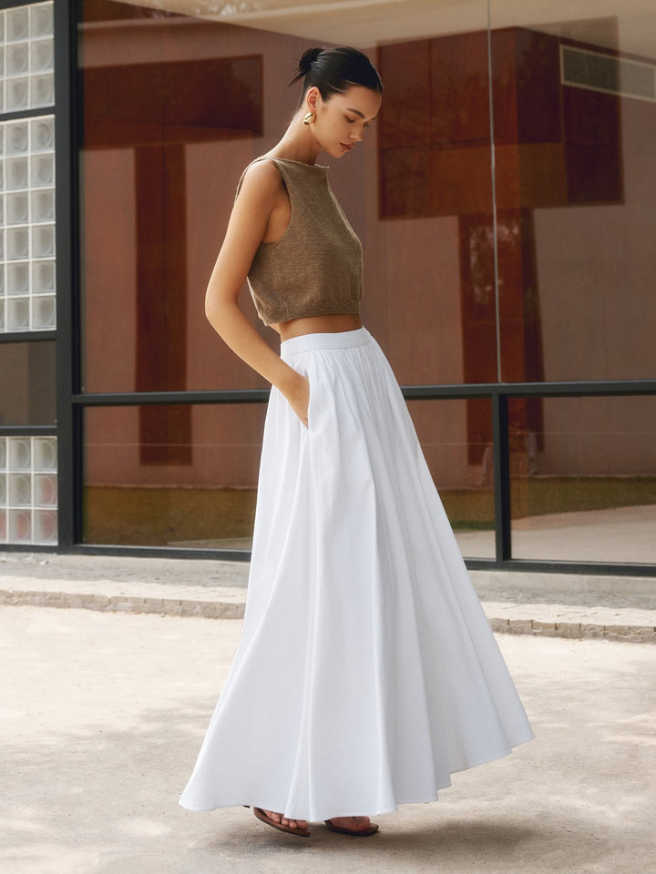 Florence white high waist pleated A-line maxi skirt with side pockets, front view