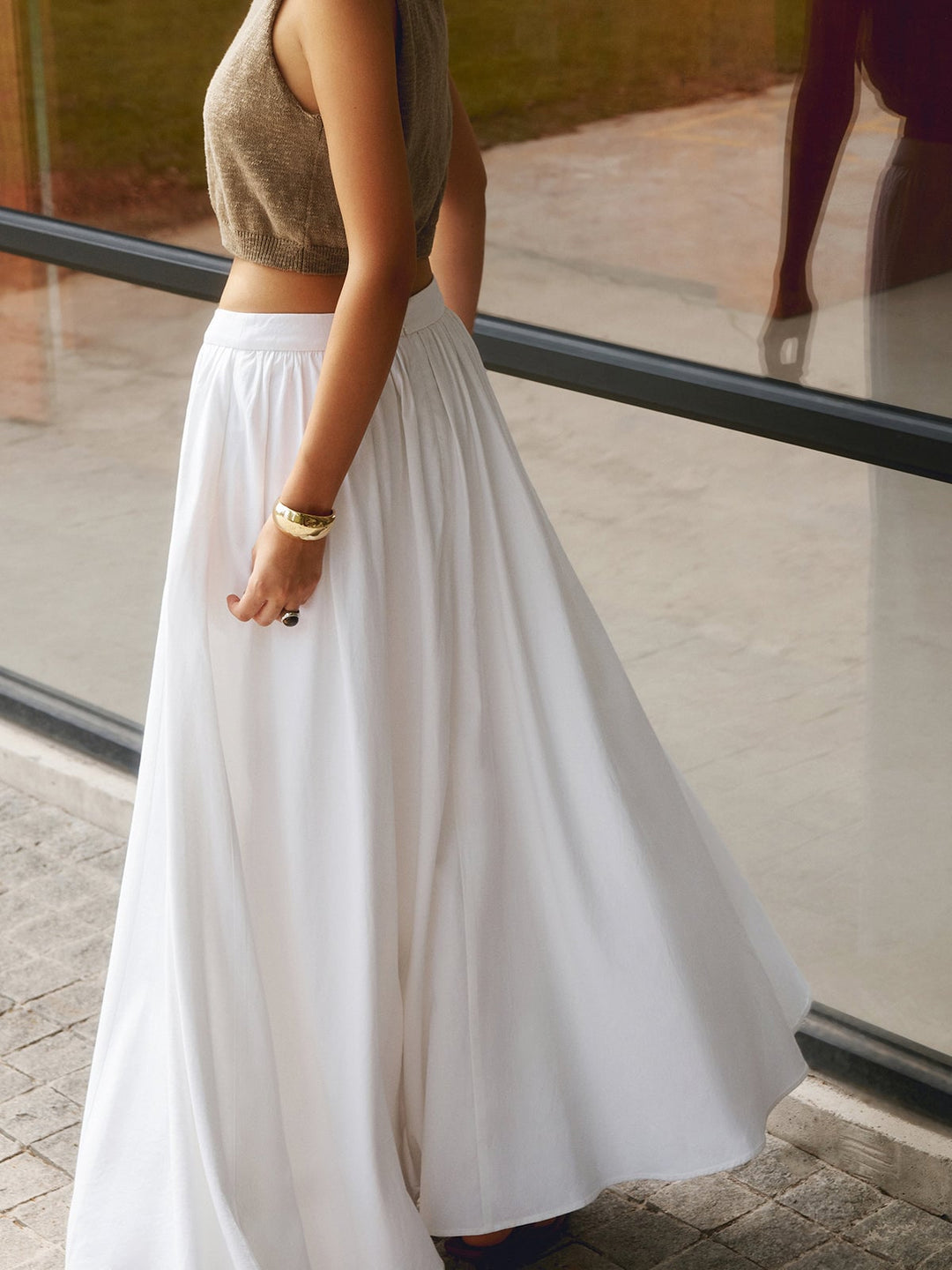 Florence black high waist pleated A-line maxi skirt, front view